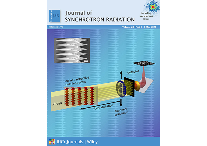 Cover of the May 2021 Issue of the Journal of Synchrotron Radiation. On the Cover: Concept of large field of view pixel super-resolution scanning transmission hard X-ray microscopy based on an array of inclined biconcave parabolic refractive multi-lenses.