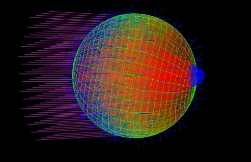 Miniaturized eyeball: The model of a cyanobacterium shows how light is bundled at one point on its way through the cell. (Figure: Ronald Kampmann/KIT)