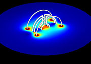 Two Lenz lenses are arranged in a Helmholtz coil pair. Simulation shows how the Lenz lenses focus magnetic flux. (Figure: Nils Spengler/KIT)