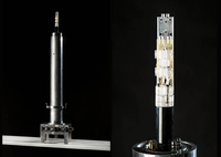 NMR sample head (left) with miniaturized detector (right). In HiSCORE, such detectors are combined with powerful hyperpolarization to detect the binding of drug compounds. (Photo: Breig, KIT)