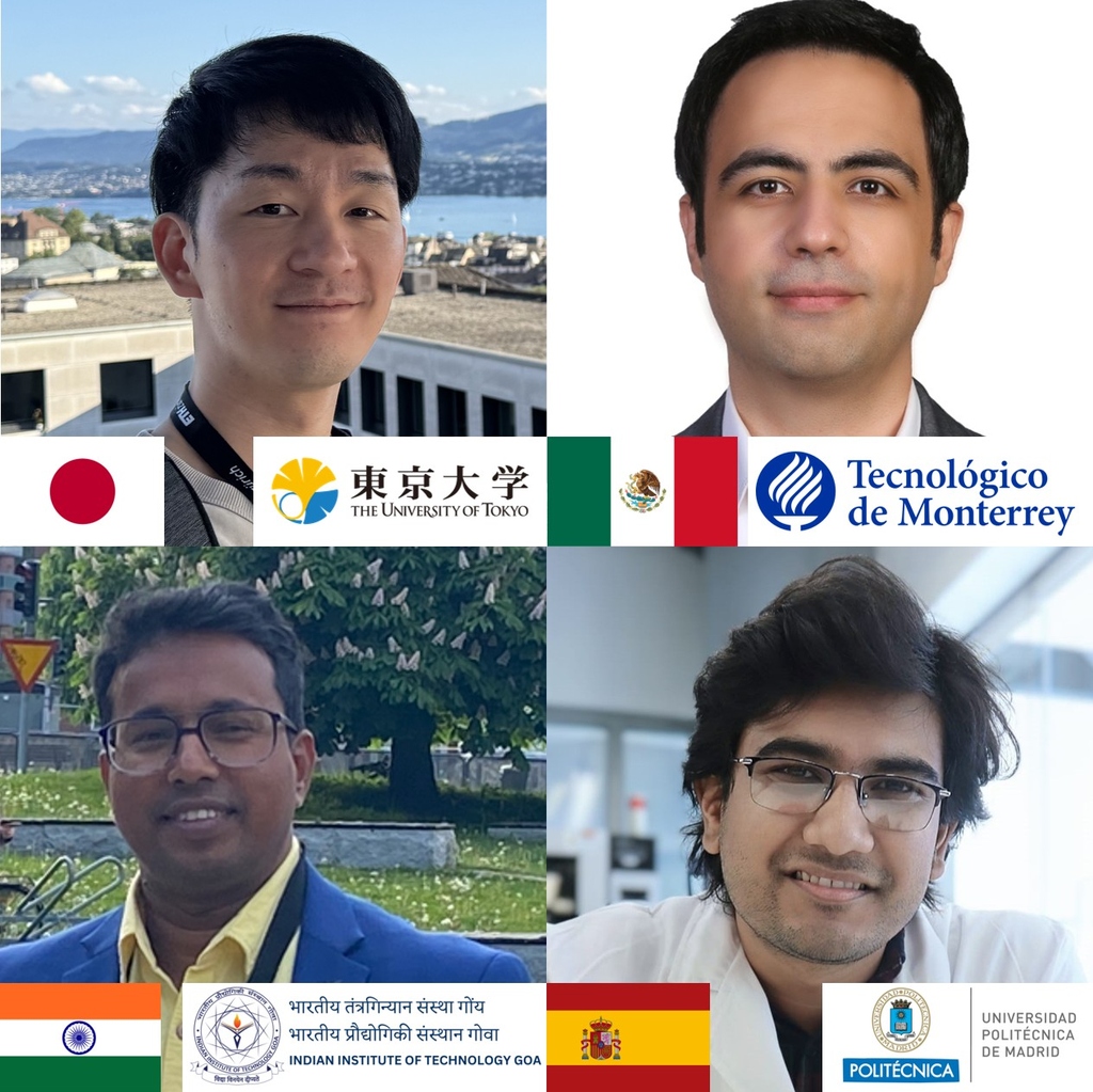 Four portraits of male scholars with their respective national flags and university logos.