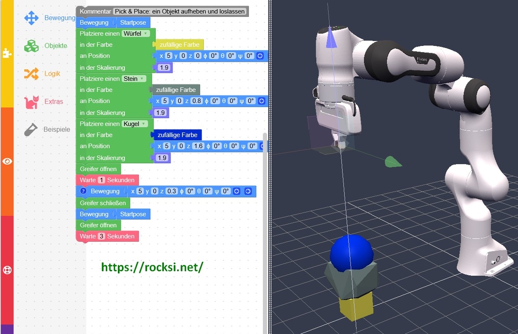 Robotic arm programming editor on left; 3D robotic arm setup on right.